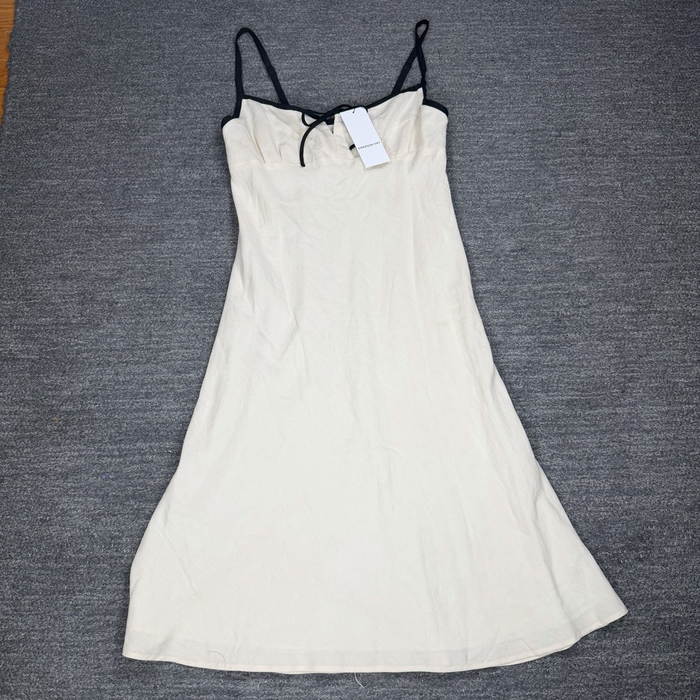 Emerson Fry Amy Bias Sundress Women Large Beige Linen Blend Midii Slip Bow NEW